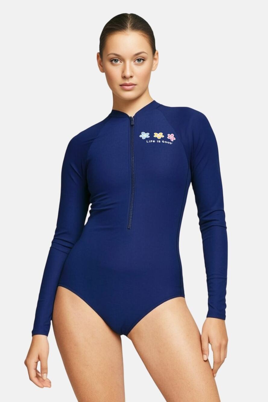 Life is Good Womens 3 Daisy Navy Long Sleeve rashguard One Piece Zip Size L